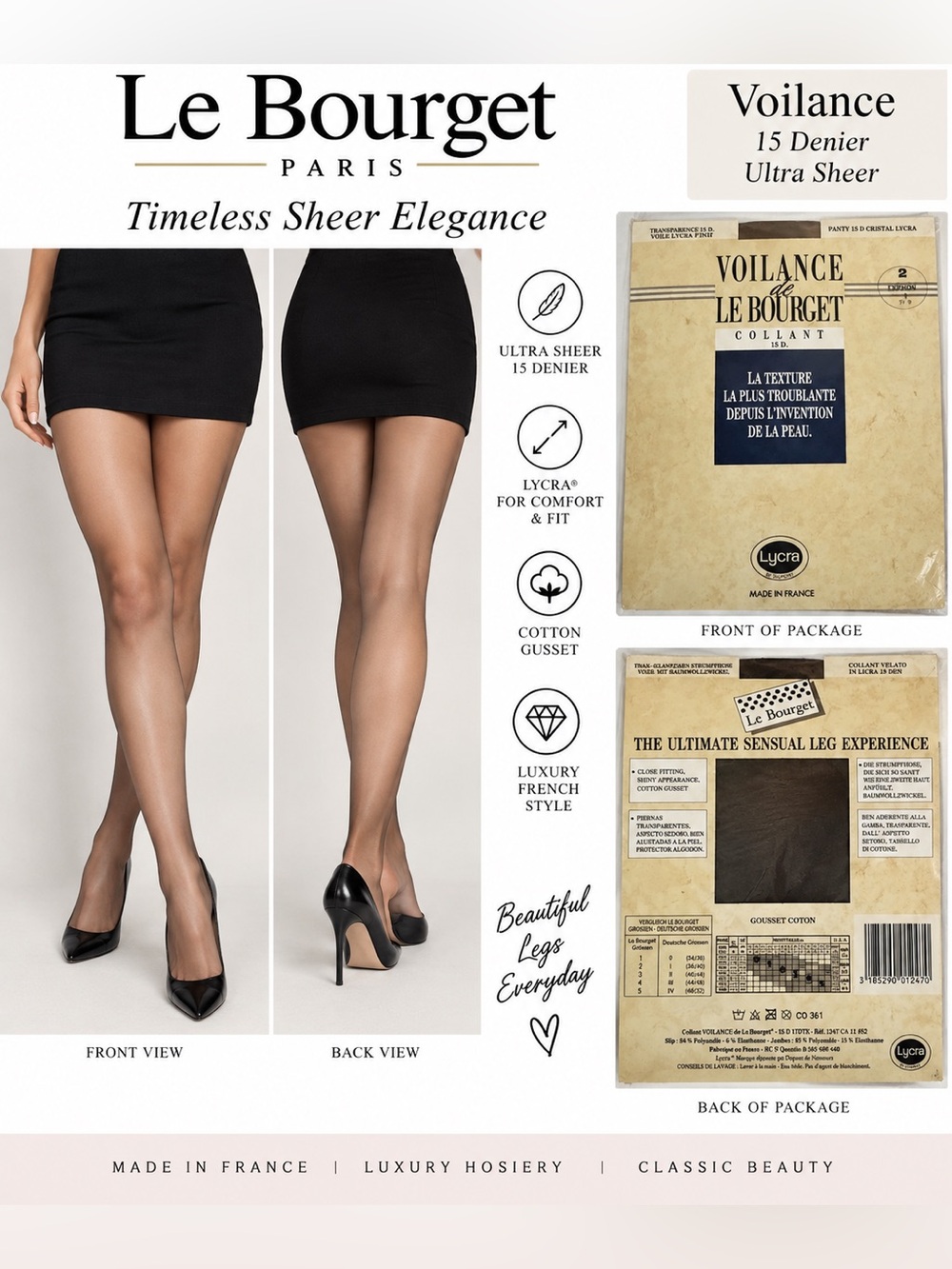 Vintage Le Bourget Voilance Pantyhose 15 Denier Lycra Size 2 Typhon France NOS